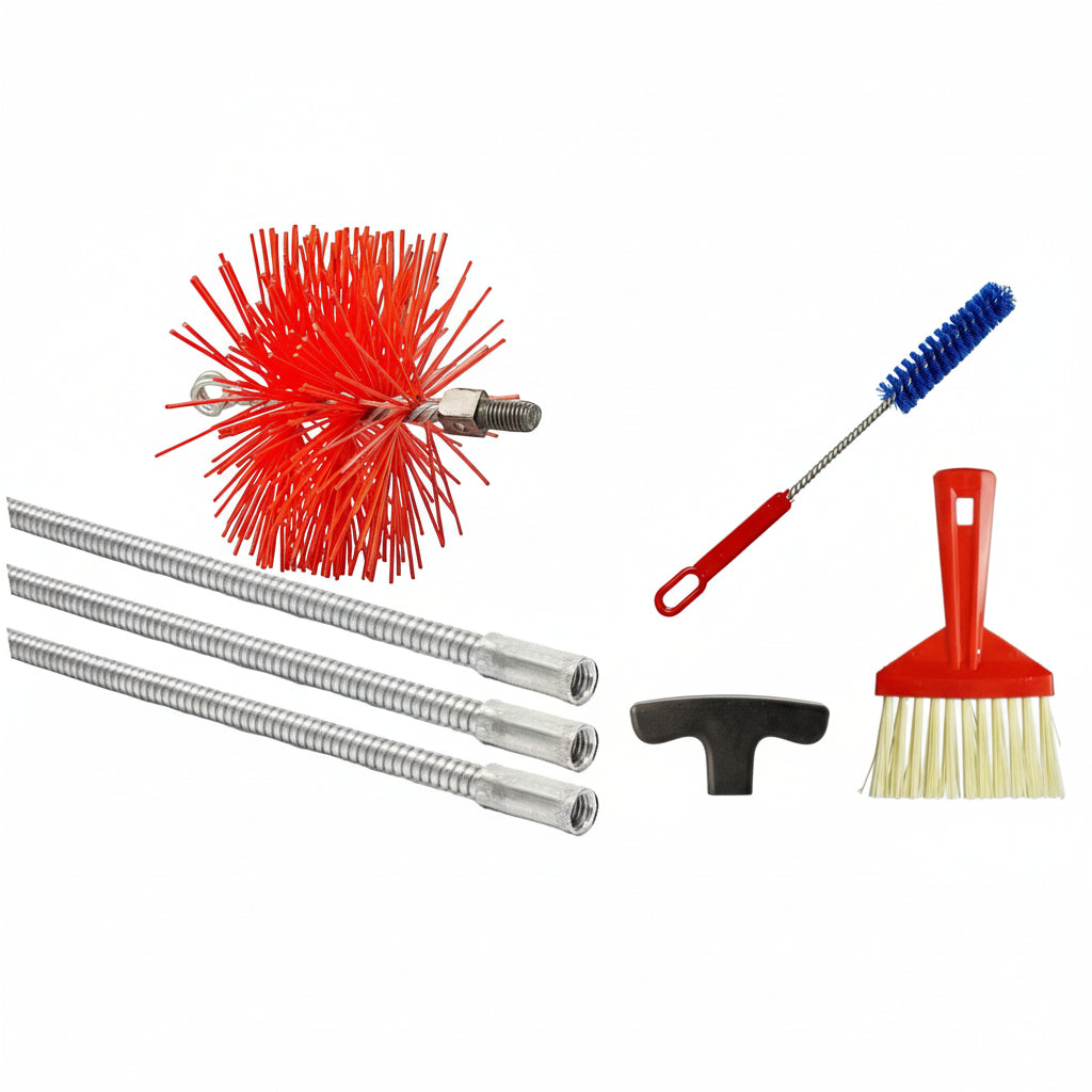 BARETTO Kit Pulizia Camino e Canna Fumaria FLEX | Prolunghe a Molla 3 m con Curvatura 90° | Scovolo in NYLON | Attacco M12 | Scopetta e Spazzolina Multiuso
