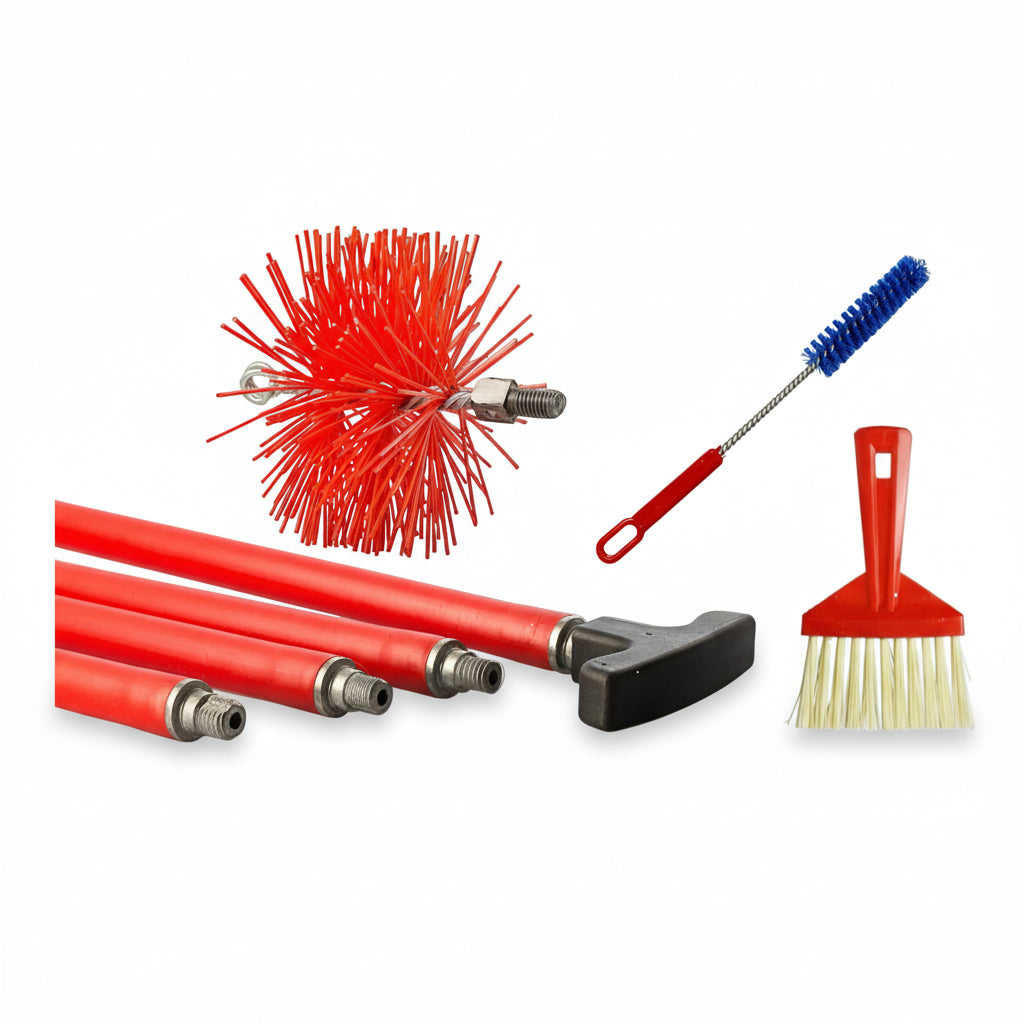 BARETTO Kit Pulizia Camino e Canna Fumaria | Prolunghe 6/10 m con Curvatura 45° | Scovolo in NYLON | Attacco M12 | Scopetta e Spazzolina Multiuso