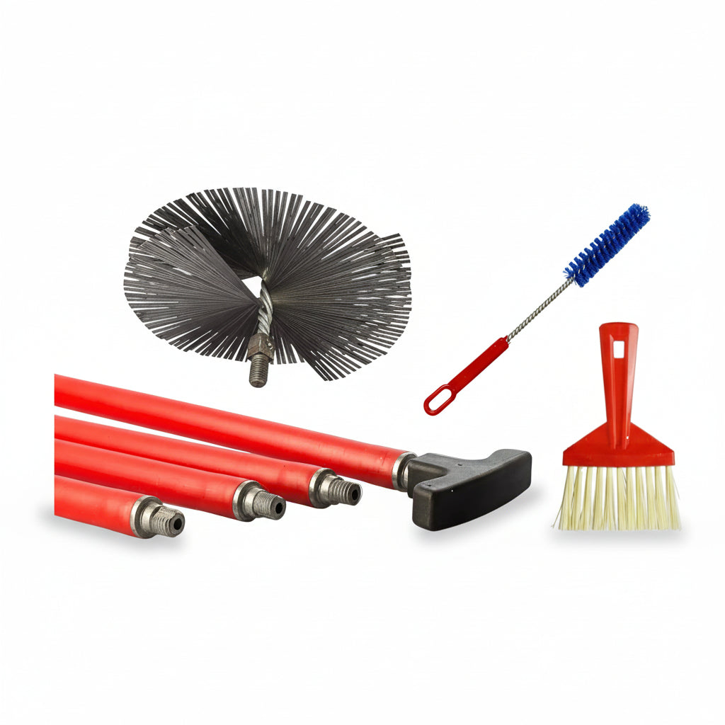 BARETTO Kit Pulizia Camino e Canna Fumaria | Prolunghe 6/10 m con Curvatura 45° | Scovolo in ACCIAIO Piatto | Attacco M12 | Scopetta e Spazzolina Multiuso