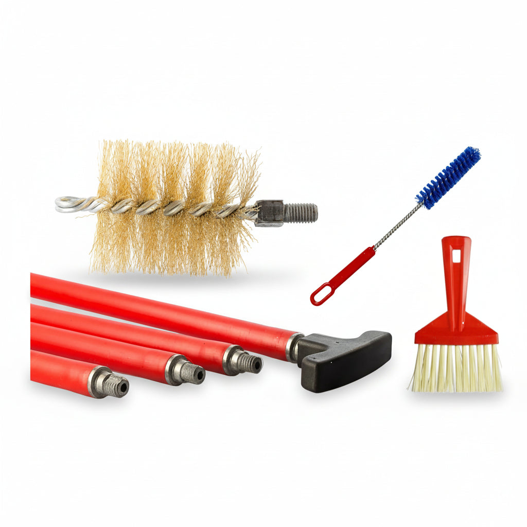 BARETTO Kit Pulizia Camino e Canna Fumaria | Prolunghe 6/10 m con Curvatura 45° | Scovolo in ACCIAIO | Attacco M12 | Scopetta e Spazzolina Multiuso