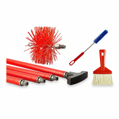 BARETTO Kit Pulizia Camino e Canna Fumaria | Prolunghe 6/10 m con Curvatura 45° | Scovolo in NYLON | Attacco M12 | Scopetta e Spazzolina Multiuso