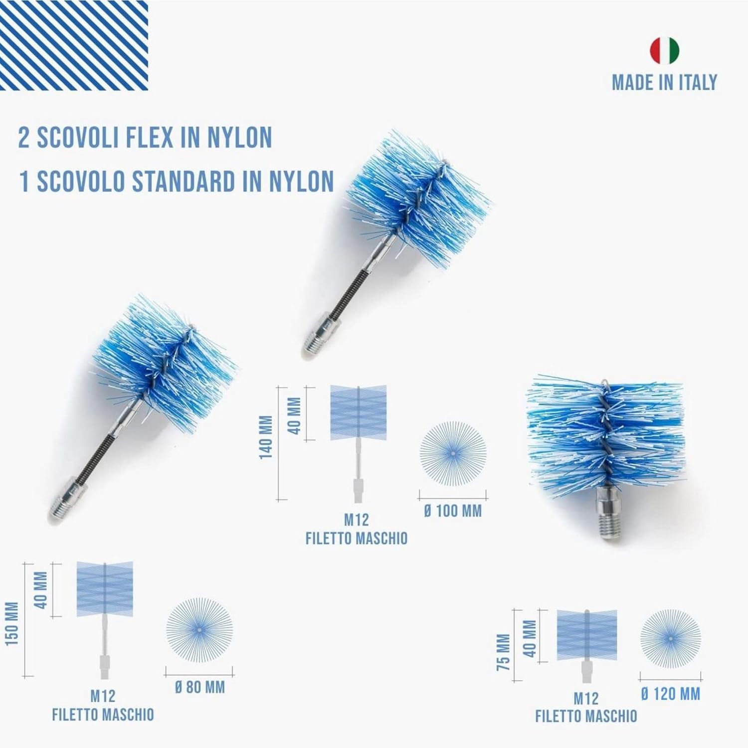 Kit pulizia stufa a pellet Baretto — scovoli flessibili in nylon e sonde componibili, attacco M12