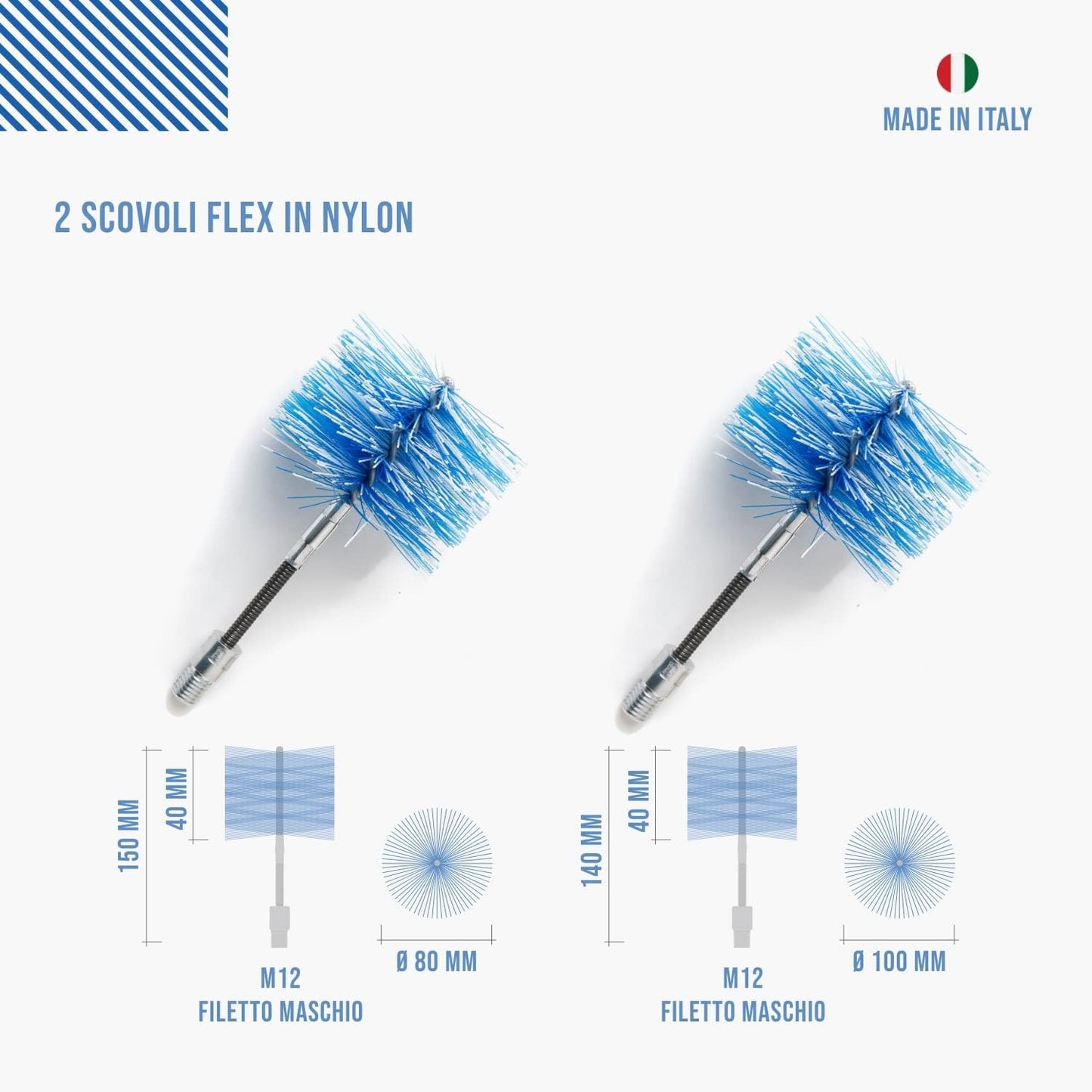 Kit pulizia stufa a pellet Baretto — scovoli flessibili in nylon e sonde componibili, attacco M12