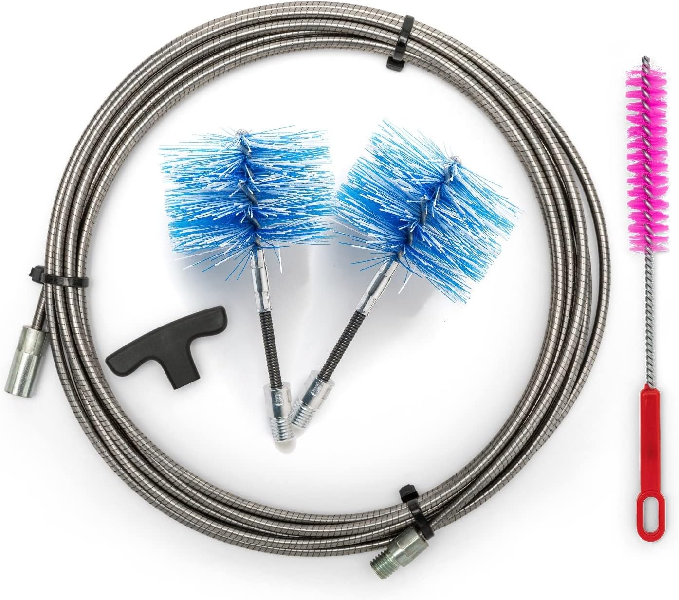 Kit Pulizia Stufa a Pellet PRO Ø 80–100 mm | Prolunga INOX 6 e 9 m Unica con Curvatura 90° | 2 Scovoli FLEX in NYLON | Attacco M12 | Manico e Scovolino Multiuso