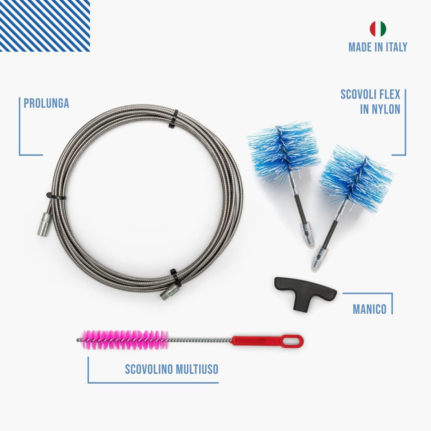 Kit pulizia stufa a pellet PRO Baretto — scovoli flessibili e sonda in acciaio inox 9 m, attacco M12
