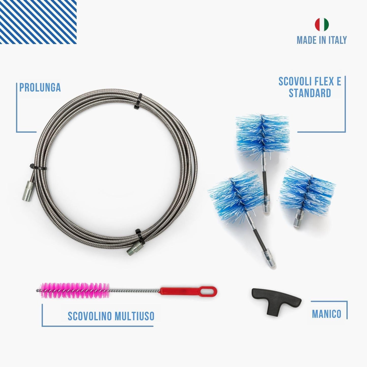 Kit pulizia stufa a pellet PRO Baretto — scovoli flessibili e sonda in acciaio inox 9 m, attacco M12