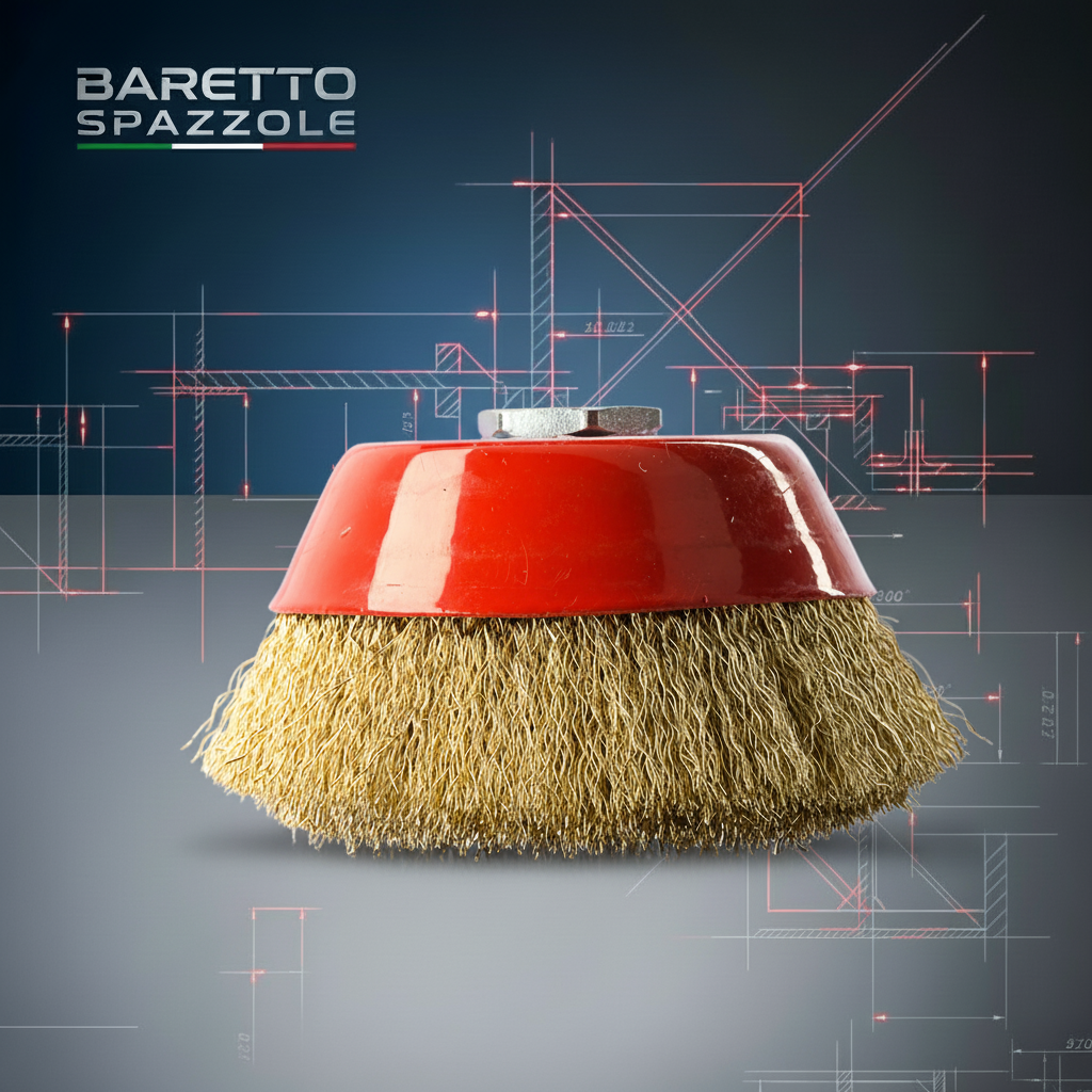 Spazzola a tazza con cappuccio rosso e setole dorate per trapano - Baretto Spazzole
